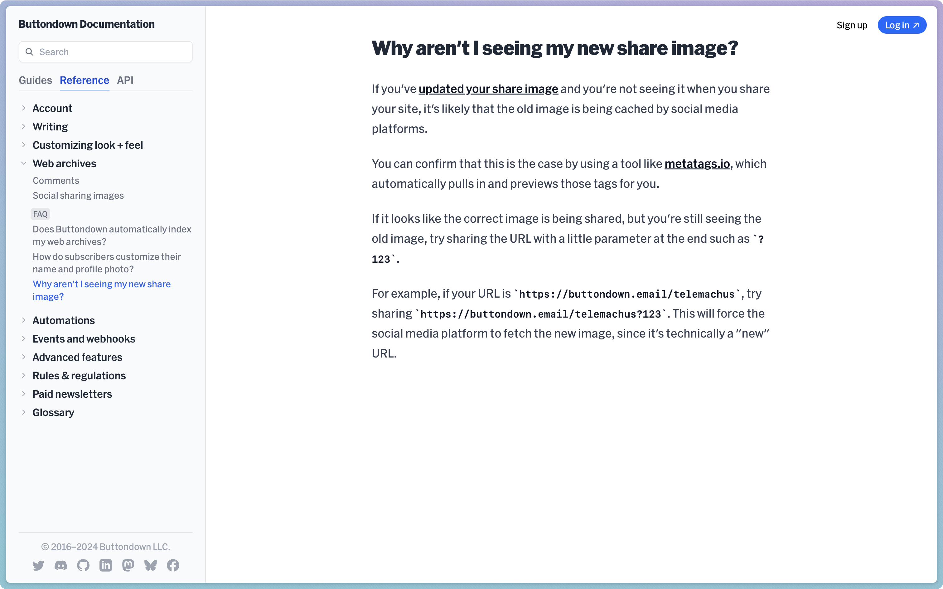 An example of an FAQ page (“Why aren’t I seeing my new share image?”) on the new documentation site