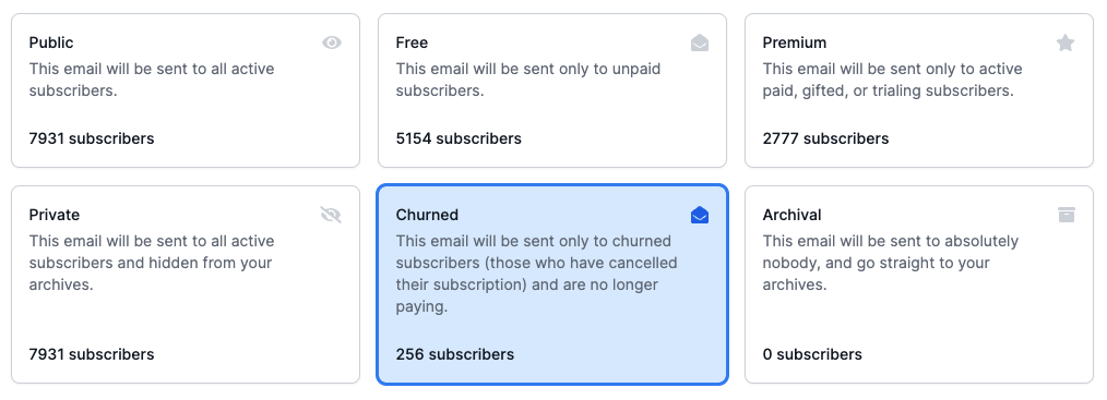 An example email client sending an email to churned subscribers