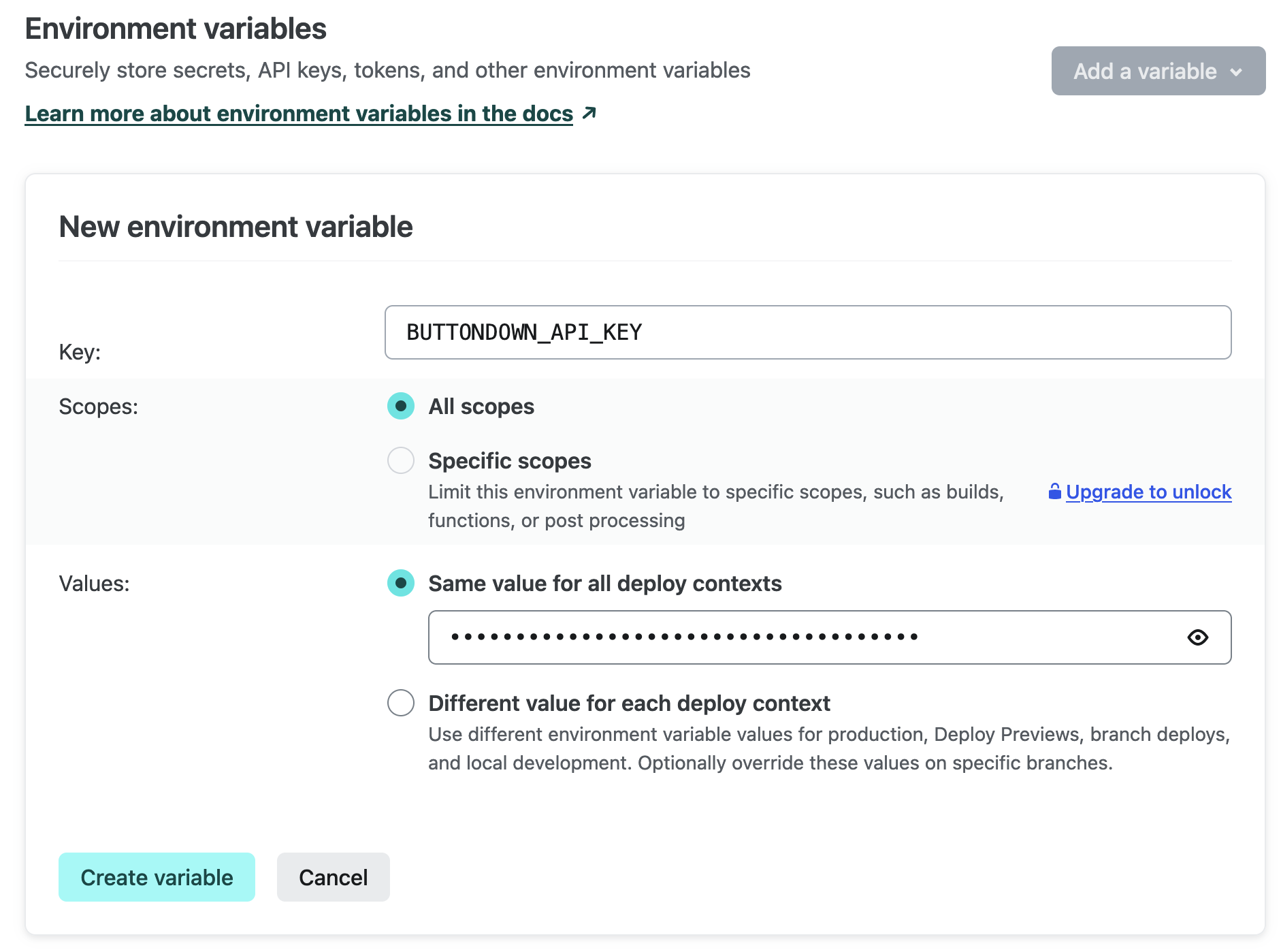 Add the Buttondown API key as an environment variable