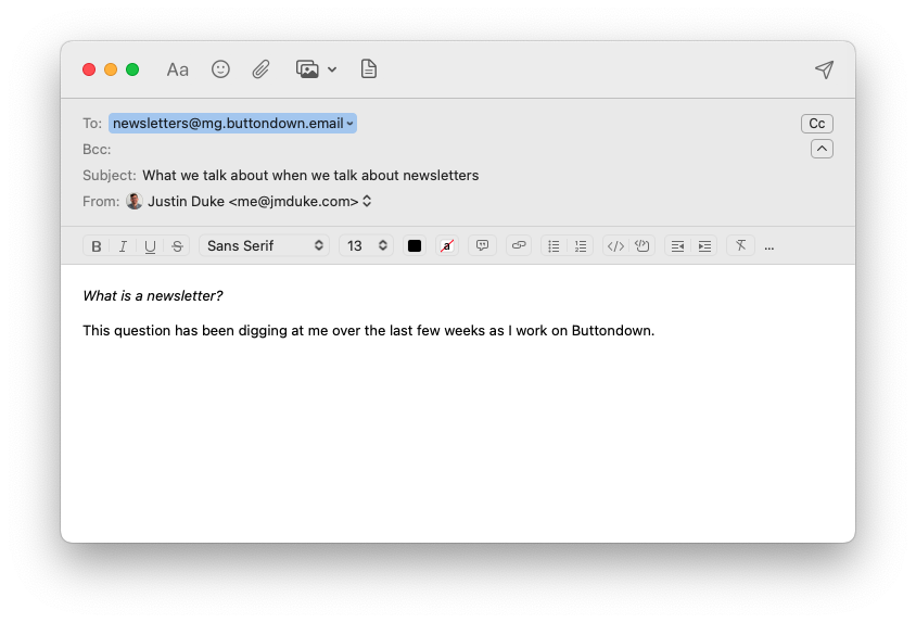 An example email client sending an email to the new draft endpoint